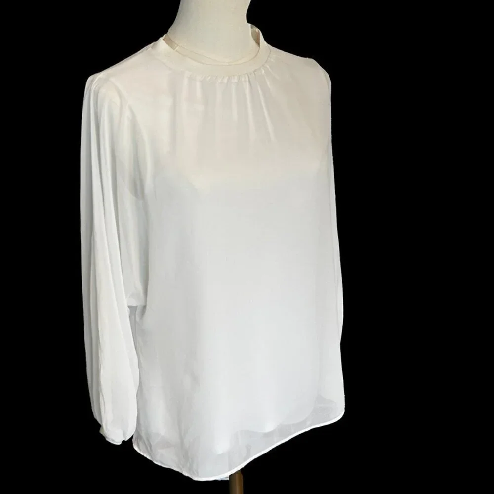 ZARA White Chiffon Blouse in Women's Size Small Puff Sleeves Fully Lined